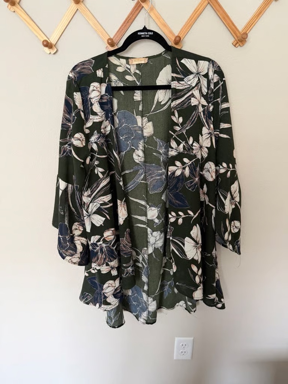 Floral Olive Green Open-Front Kimono Robe - Unbranded
